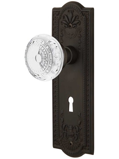 Meadows Door Set with Keyhole and Matching Crystal-Glass Knobs in Oil-Rubbed Bronze.